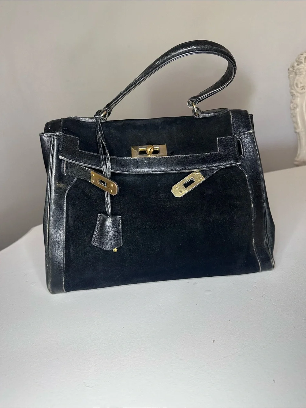 VTG Saks Fifth Avenue Paris Black Leather & Suede Kelly Bag Gold Hardware France